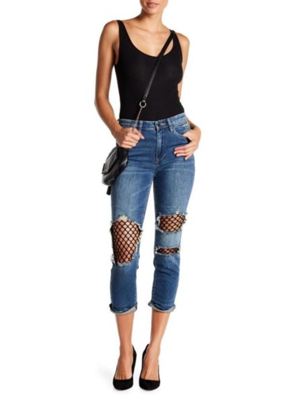 💥Badass Rock ’n’ Roll💥Distressed Blue Medium Wash Fishnet Panel Jeans